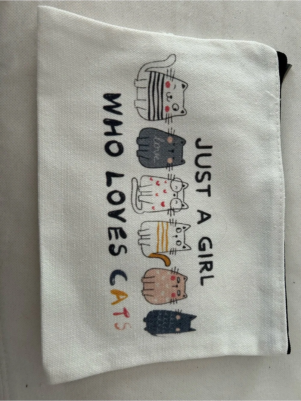 Cute Cat Canvas Zip Pouch — White with Multicolor Cat Graphics